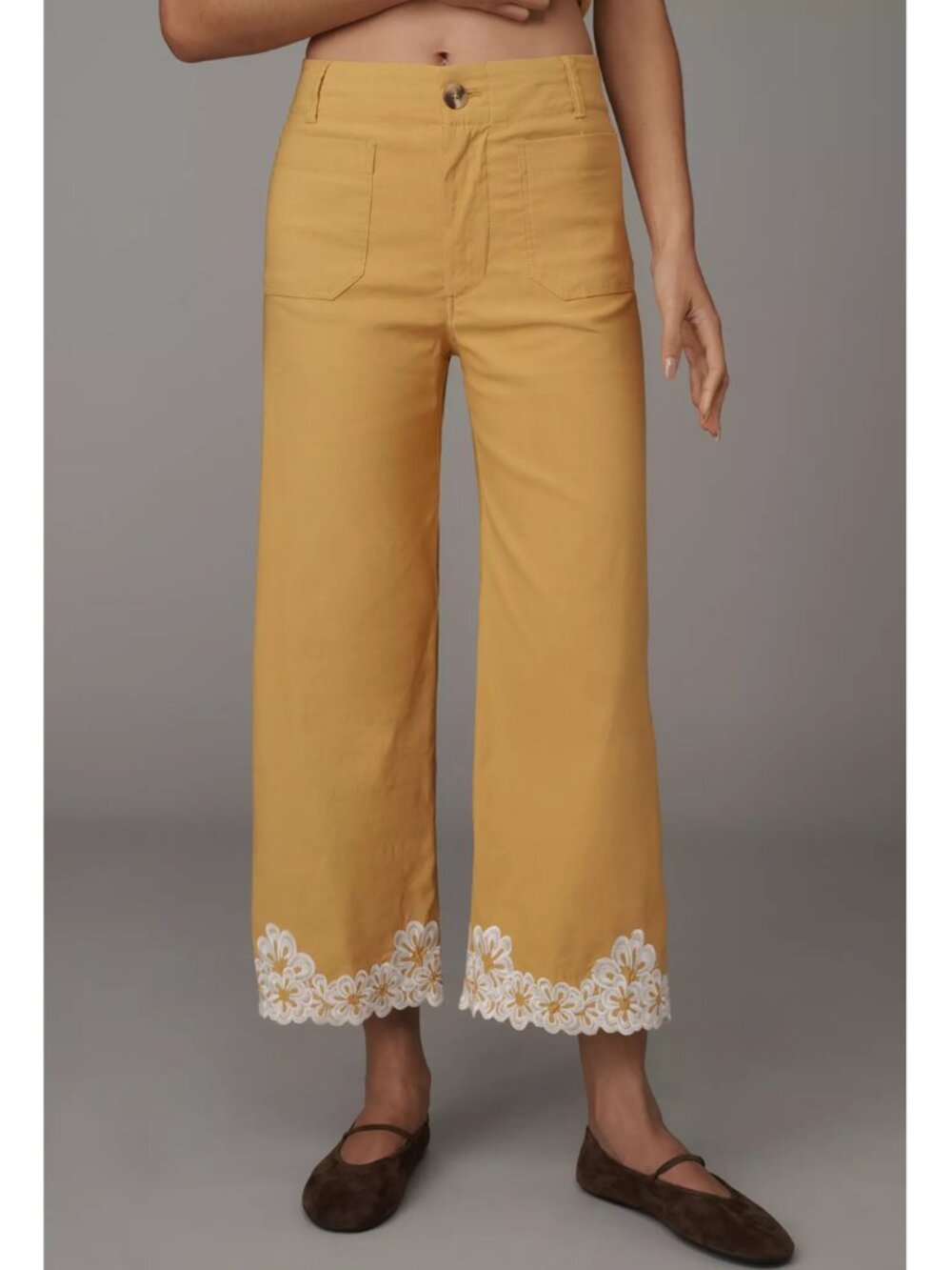 Anthropologie Maeve Colette Embroidered Crop Wide-Leg Pants Gold Narcissus 28